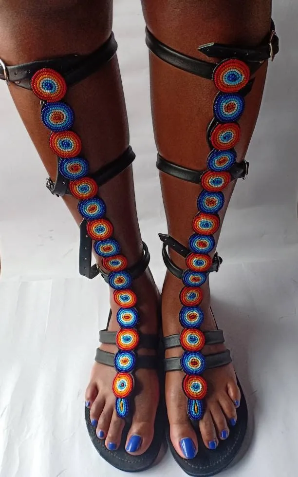 knee length  gladiator Beaded Sandals/Authentic Maasai-Style Leather Flip-Flops Women/Boho Beach Sandals/ Summer Sandal African Gifts
