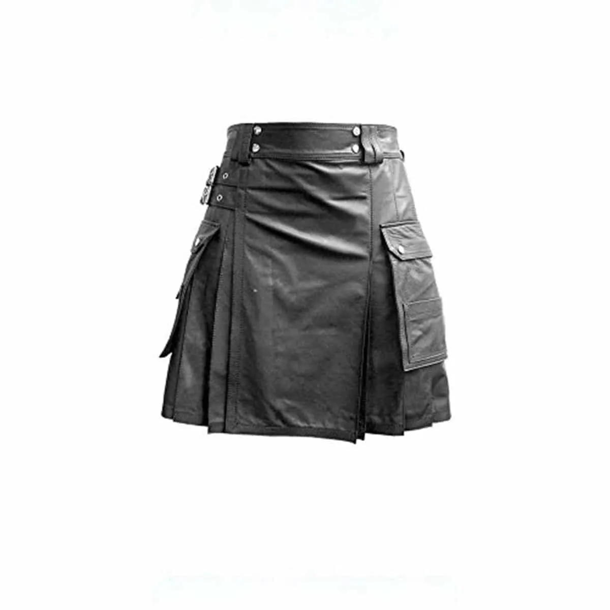 Men Black Leather Gladiator Pleated Utility Kilt Flat Front Twin Cargo Pockets - K5t-Blk
