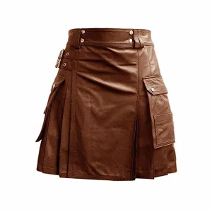 Men Gladiator Kilt Brown Leather Pleated Utility FLAT FRONT Twin Cargo Pockets - (K5T-BRW)