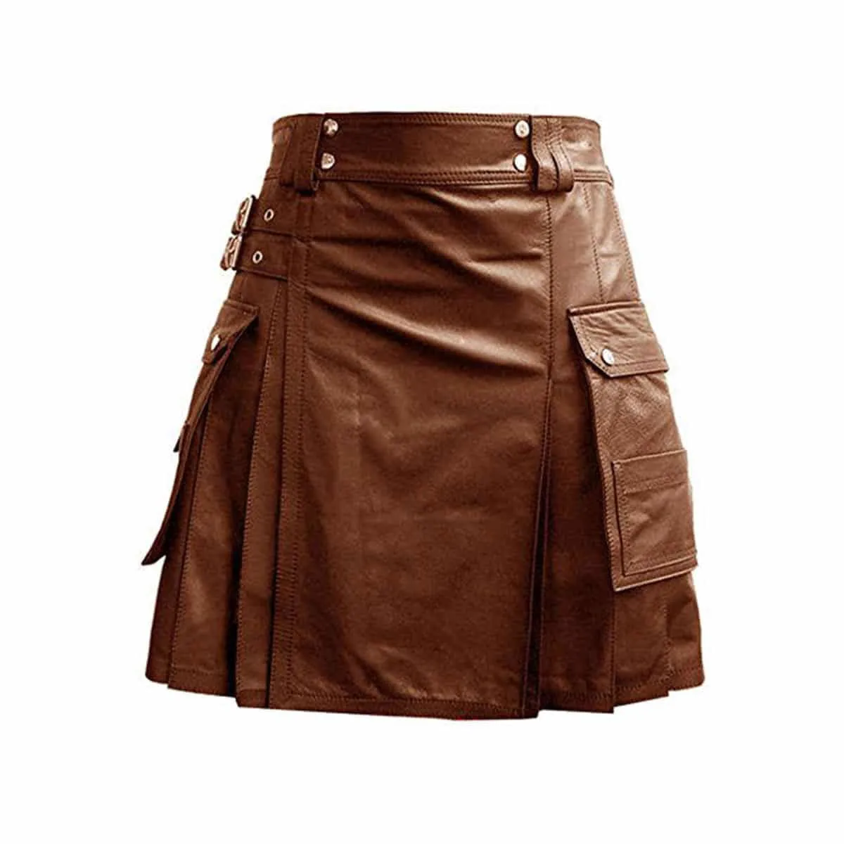 Men Gladiator Kilt Brown Leather Pleated Utility FLAT FRONT Twin Cargo Pockets - (K5T-BRW)
