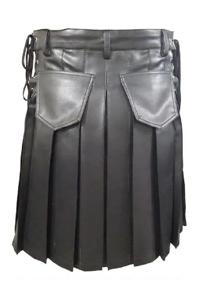 Mens Black Leather Gladiator Costumes Kilt Pleated FLAT FRONT Pocket Wrap  - (K10-BLK)