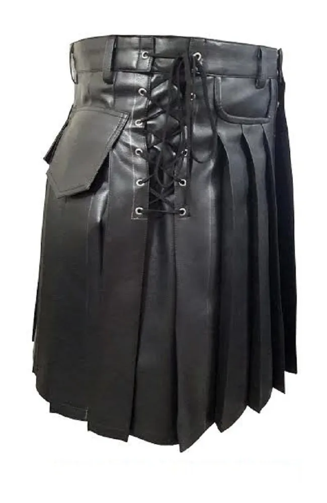 Mens Black Leather Gladiator Costumes Kilt Pleated FLAT FRONT Pocket Wrap  - (K10-BLK)