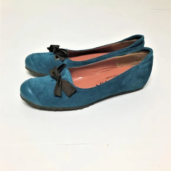 MINT Vtg Peter Kent Teal Blue Suede &amp; Leather Ballet Shoe w/Bow, Size 6-1/2