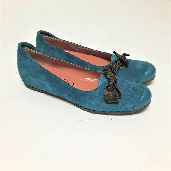 MINT Vtg Peter Kent Teal Blue Suede &amp; Leather Ballet Shoe w/Bow, Size 6-1/2
