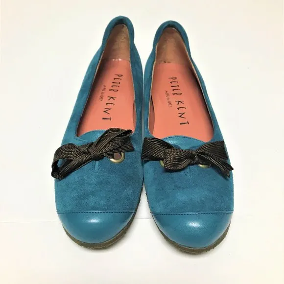 MINT Vtg Peter Kent Teal Blue Suede &amp; Leather Ballet Shoe w/Bow, Size 6-1/2