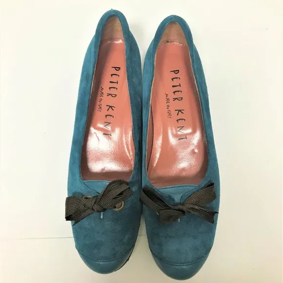 MINT Vtg Peter Kent Teal Blue Suede &amp; Leather Ballet Shoe w/Bow, Size 6-1/2