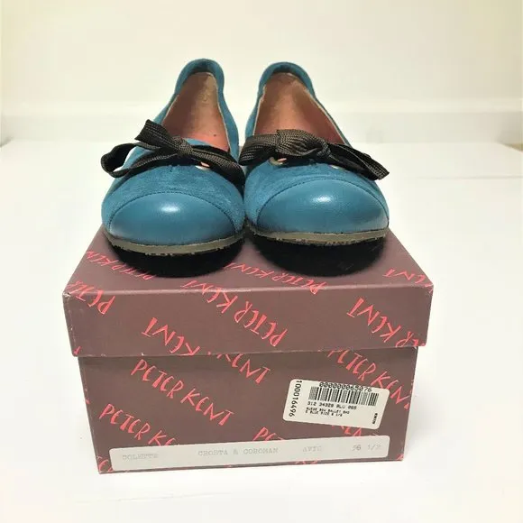MINT Vtg Peter Kent Teal Blue Suede &amp; Leather Ballet Shoe w/Bow, Size 6-1/2