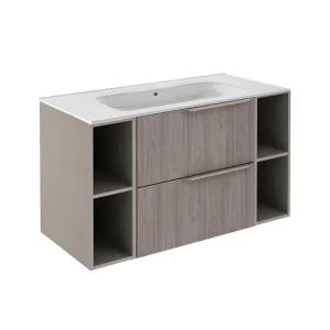 Mio 2 Drawers   2 Open Shelf Bathroom Vanity with Ceramic Sink - Wall Mount - 40" Particle Board Laminated/Grey Elm/Sand