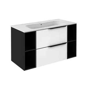 Mio 2 Drawers   2 Open Shelf Bathroom Vanity with Ceramic Sink - Wall Mount - 40" Particle Board Laminated/Matte White/Matte Black