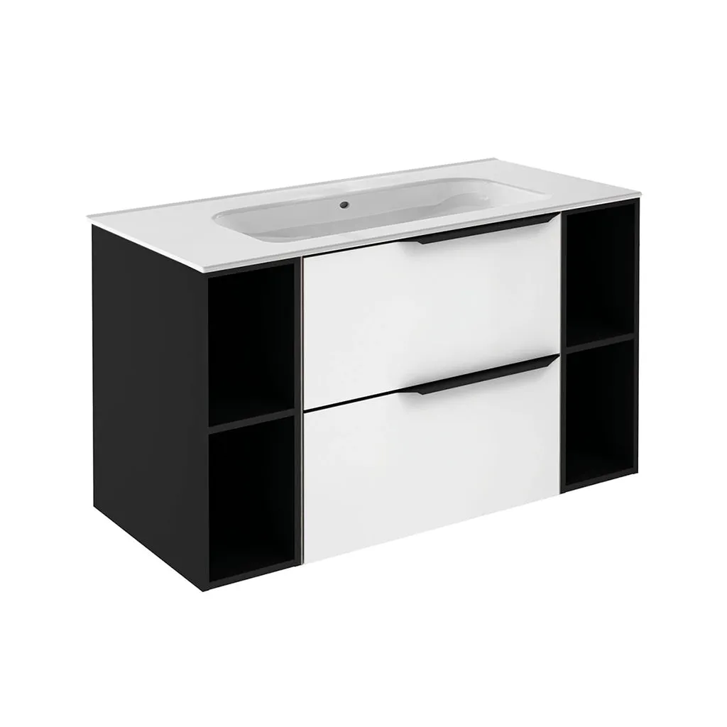 Mio 2 Drawers   2 Open Shelf Bathroom Vanity with Ceramic Sink - Wall Mount - 40" Particle Board Laminated/Matte White/Matte Black
