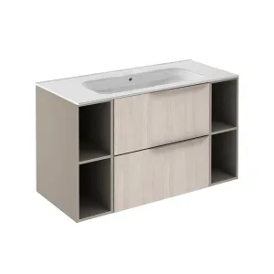 Mio 2 Drawers   2 Open Shelf Bathroom Vanity with Ceramic Sink - Wall Mount - 40" Particle Board Laminated/White Oak/Sand