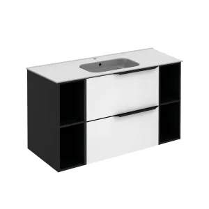 Mio 2 Drawers   2 Open Shelf Bathroom Vanity with Ceramic Sink - Wall Mount - 48" Mdf/Matte White/Matte Black