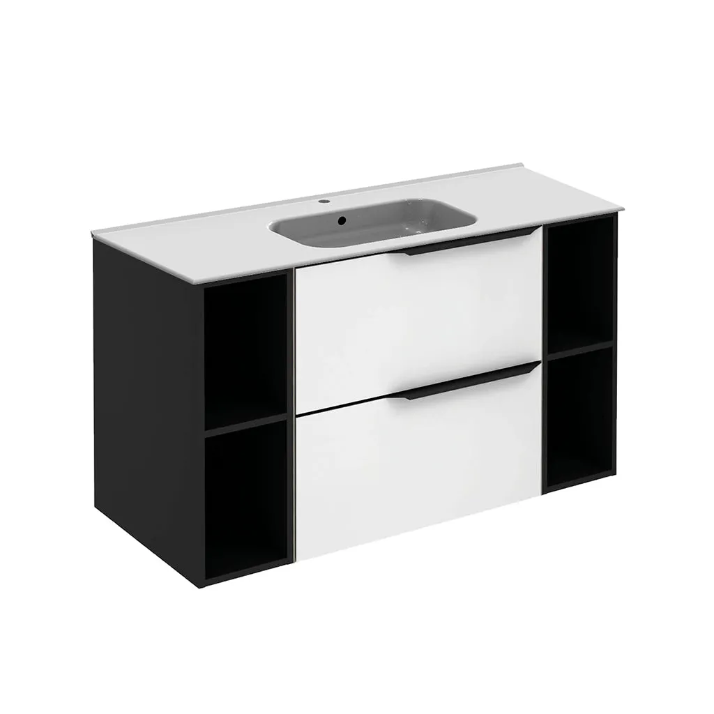 Mio 2 Drawers   2 Open Shelf Bathroom Vanity with Ceramic Sink - Wall Mount - 48" Mdf/Matte White/Matte Black