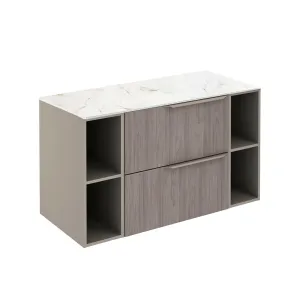 Mio 2 Drawers   2 Open Shelf Bathroom Vanity with Mineral Countertop - Wall Mount - 40" Particle Board Laminated/Grey Elm/Sand