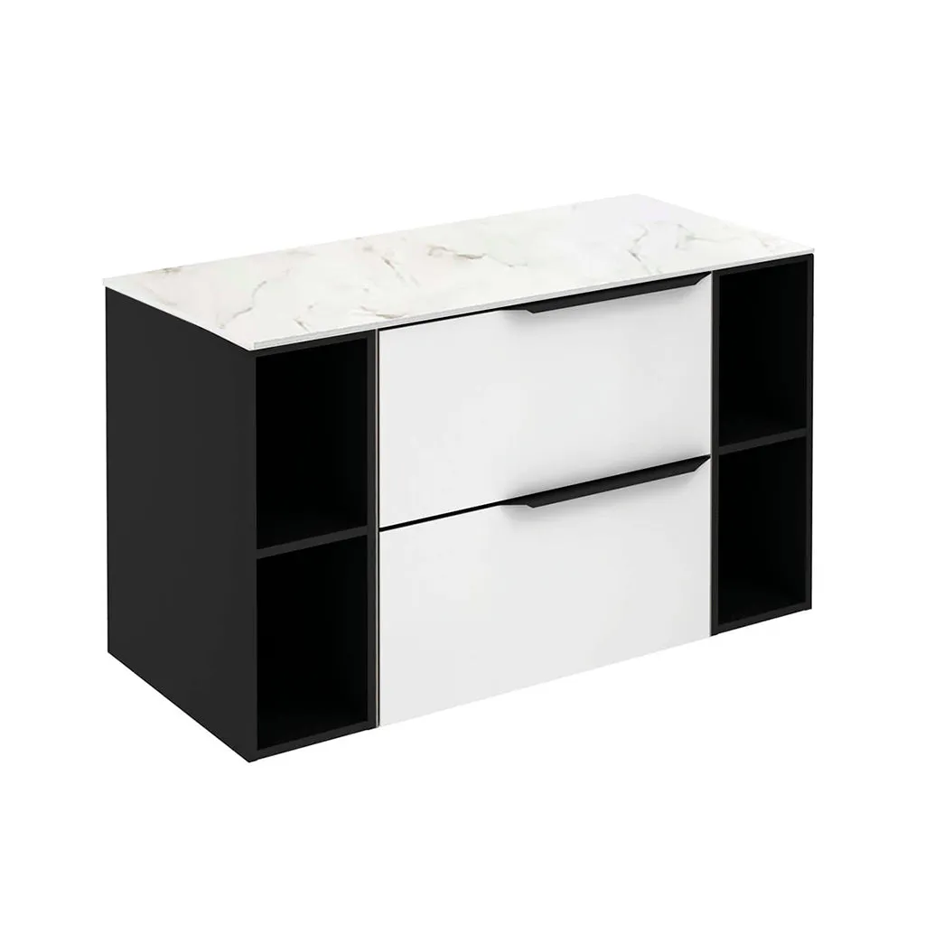 Mio 2 Drawers   2 Open Shelf Bathroom Vanity with Mineral Countertop - Wall Mount - 40" Particle Board Laminated/Matte White/Matte Black