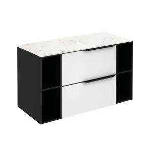 Mio 2 Drawers   2 Open Shelf Bathroom Vanity with Mineral Countertop - Wall Mount - 40" Particle Board Laminated/Matte White/Matte Black
