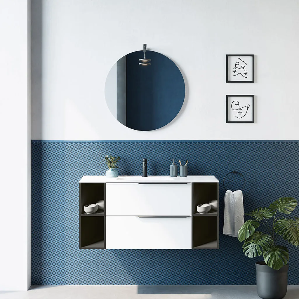Mio 2 Drawers   2 Open Shelf Bathroom Vanity with Mineral Countertop - Wall Mount - 48" Mdf/Matte White/Matte Black