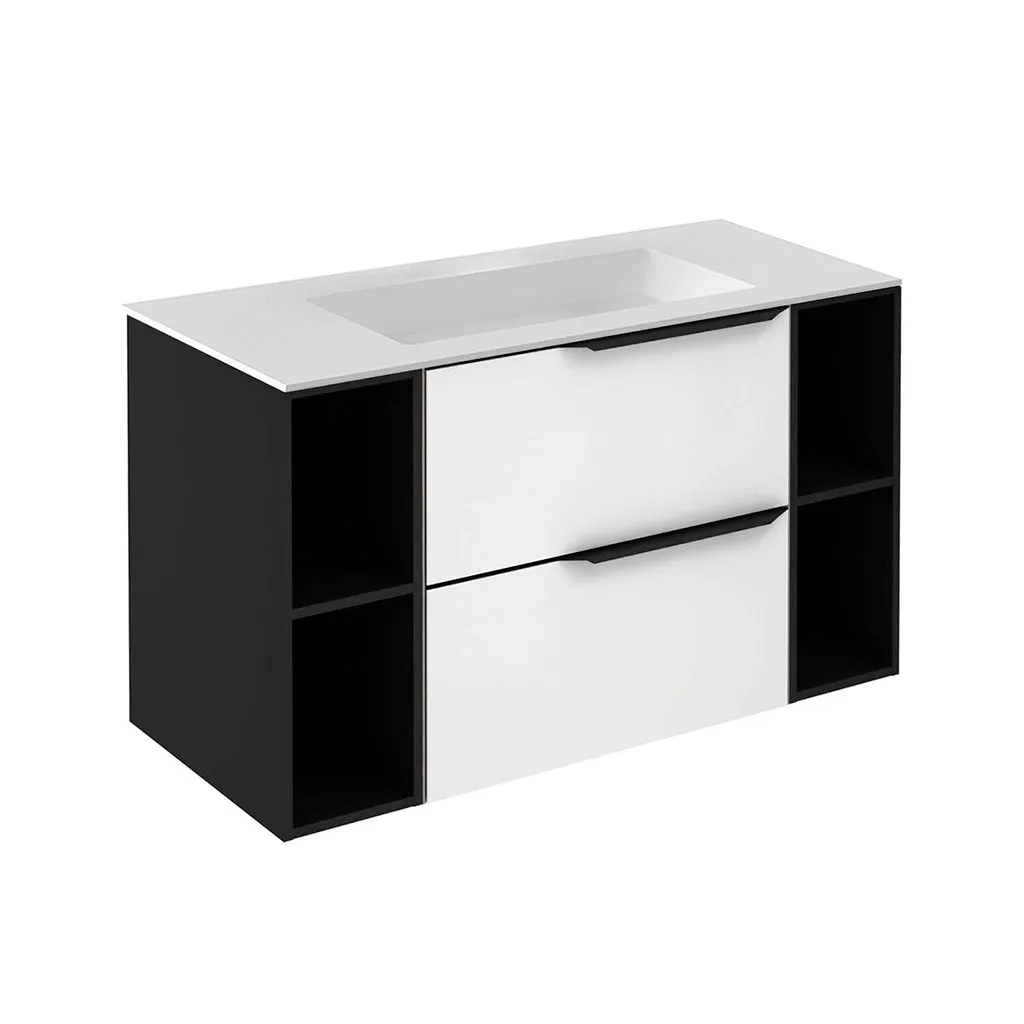 Mio 2 Drawers   2 Open Shelf Bathroom Vanity with Mineral Sink - Wall Mount - 40" Particle Board Laminated/Matte White/Matte Black