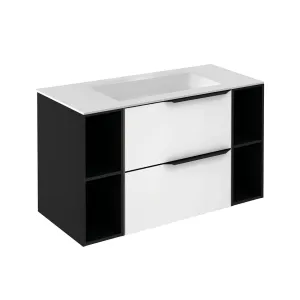 Mio 2 Drawers   2 Open Shelf Bathroom Vanity with Mineral Sink - Wall Mount - 40" Particle Board Laminated/Matte White/Matte Black