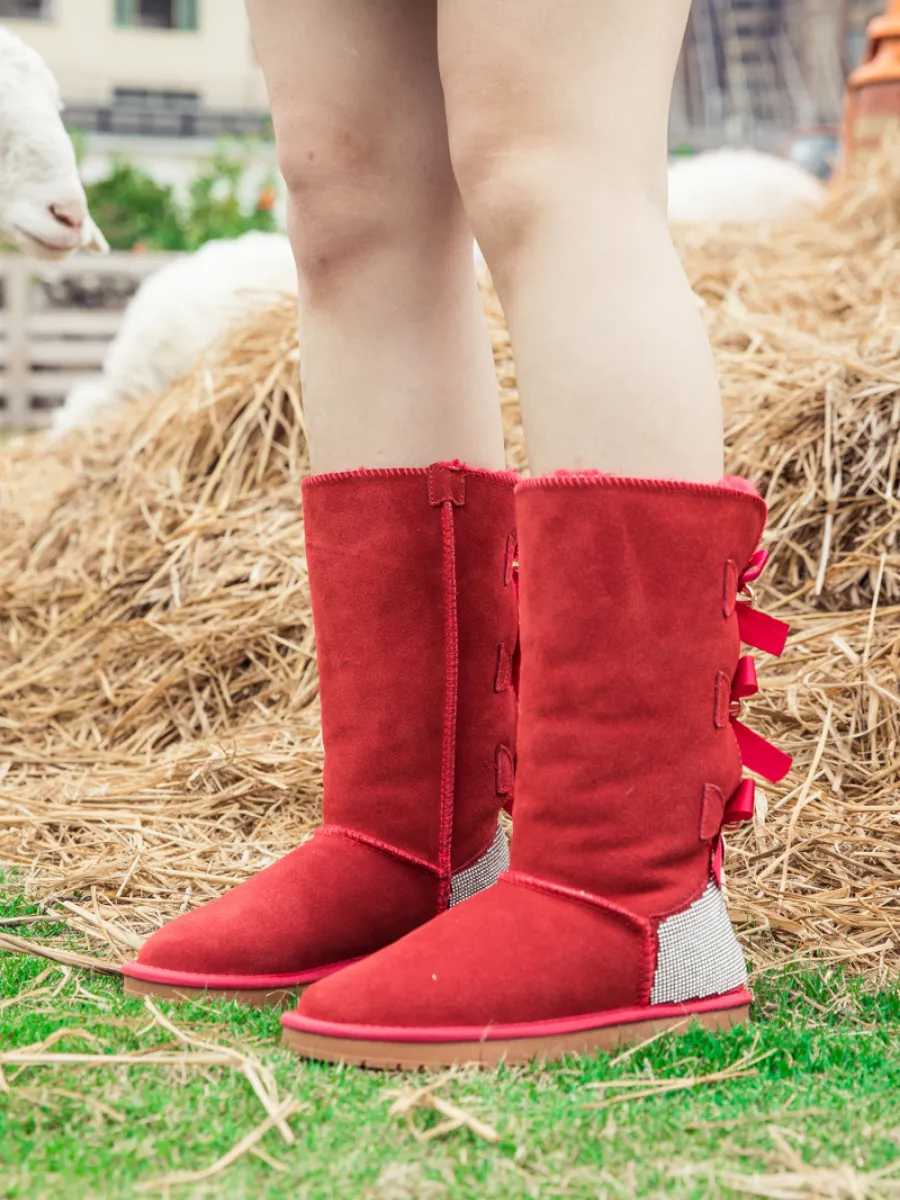 Rhinestone Ribbon Ballet Bow Suede Boots - Red