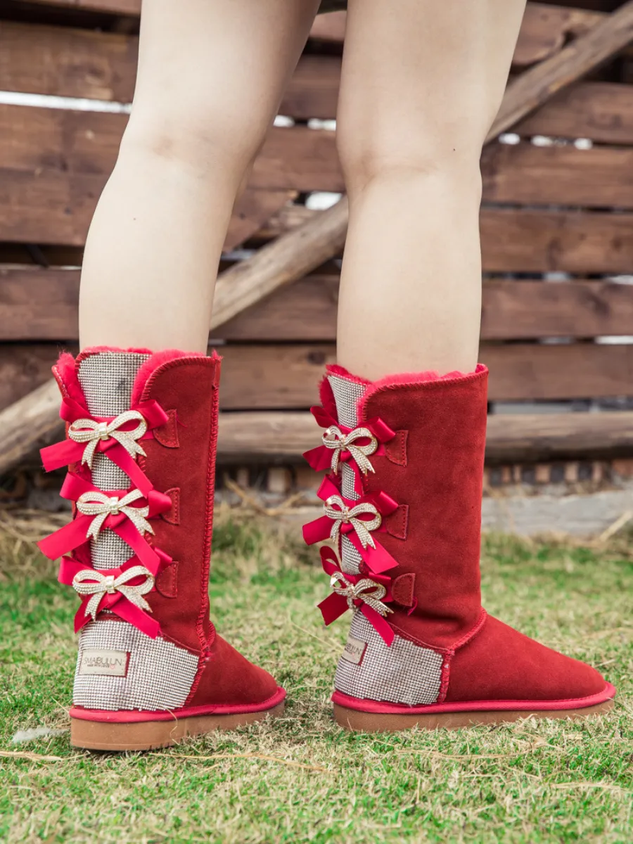 Rhinestone Ribbon Ballet Bow Suede Boots - Red