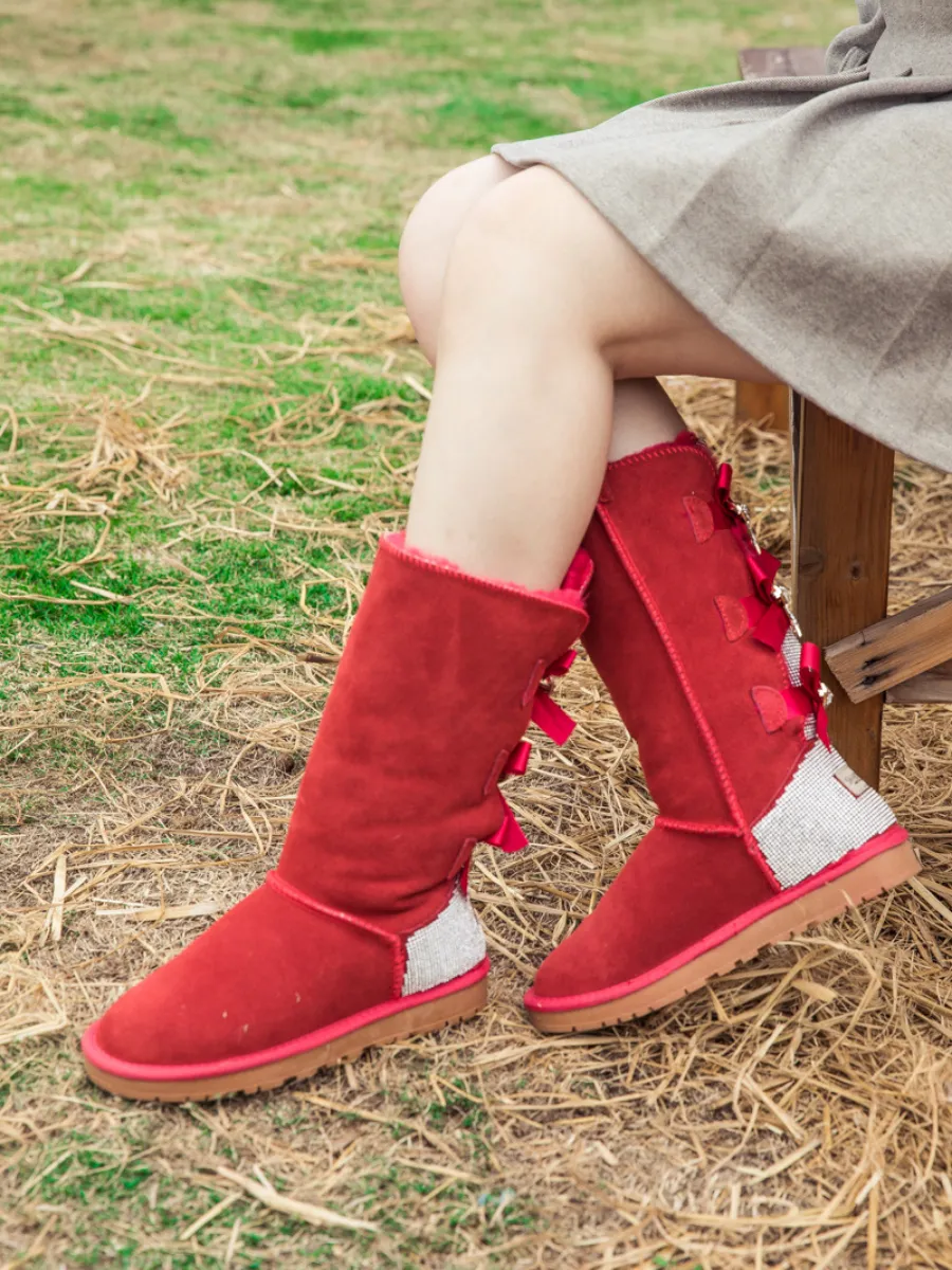 Rhinestone Ribbon Ballet Bow Suede Boots - Red