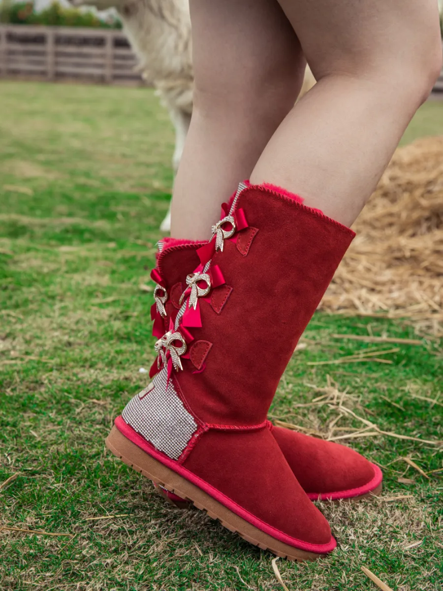 Rhinestone Ribbon Ballet Bow Suede Boots - Red