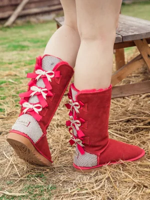 Rhinestone Ribbon Ballet Bow Suede Boots - Red