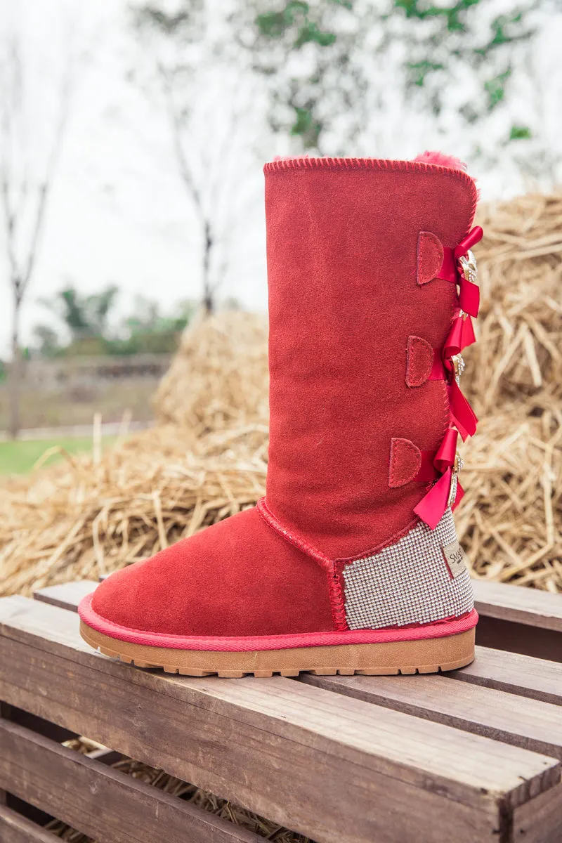 Rhinestone Ribbon Ballet Bow Suede Boots - Red
