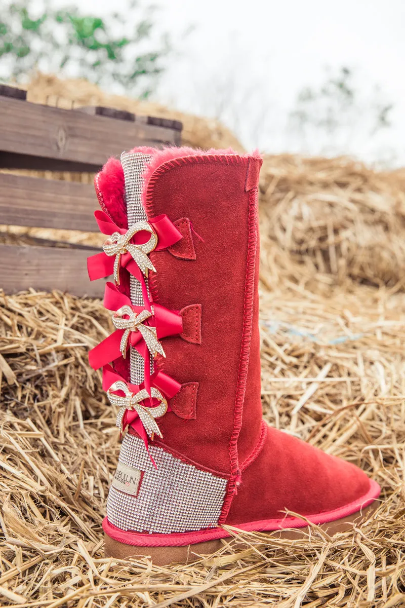 Rhinestone Ribbon Ballet Bow Suede Boots - Red