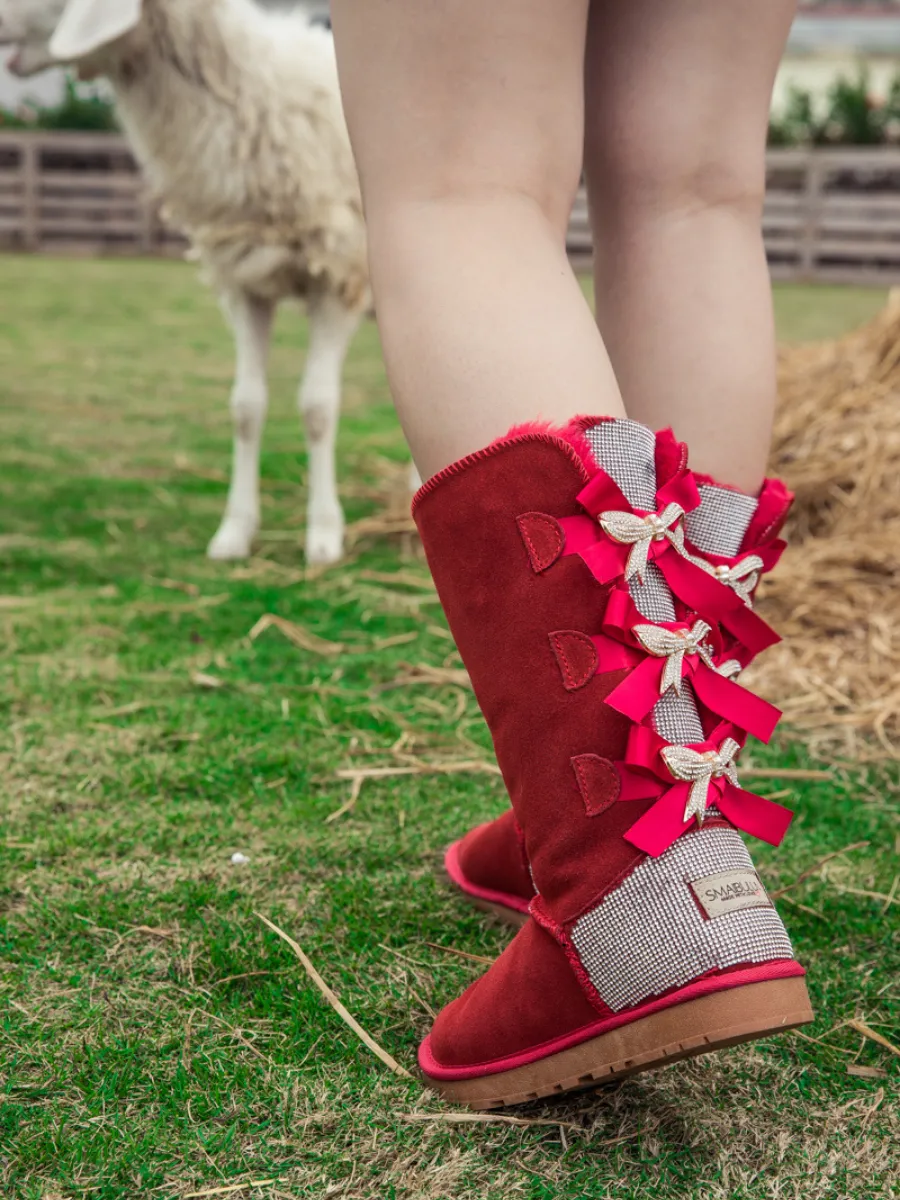 Rhinestone Ribbon Ballet Bow Suede Boots - Red