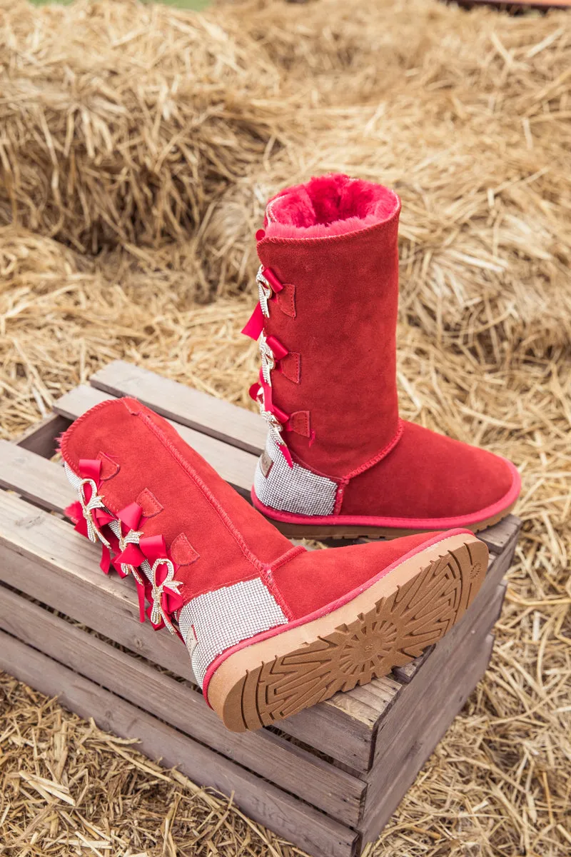 Rhinestone Ribbon Ballet Bow Suede Boots - Red