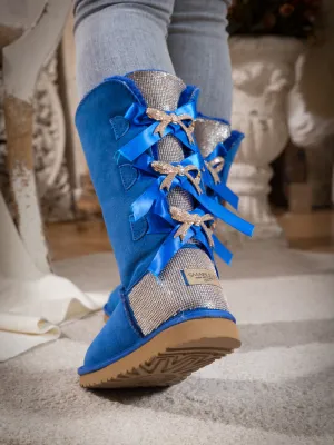 Rhinestone Ribbon Tri-Tie Bow Suede Boots - Blue