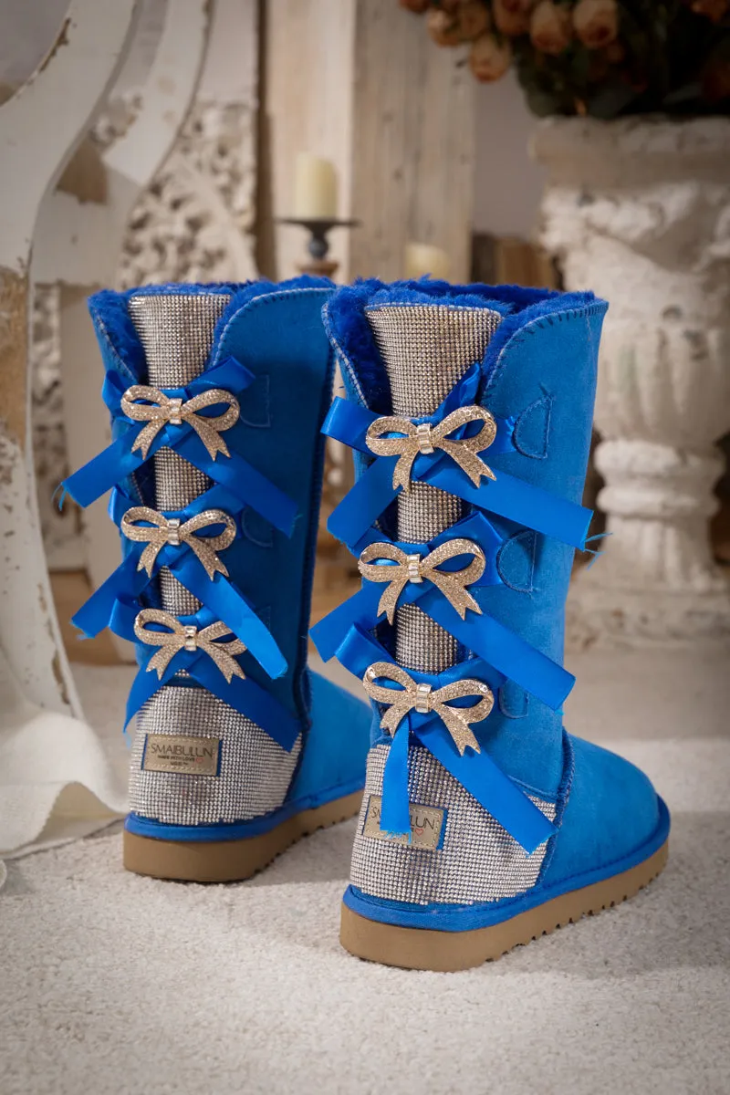 Rhinestone Ribbon Tri-Tie Bow Suede Boots - Blue