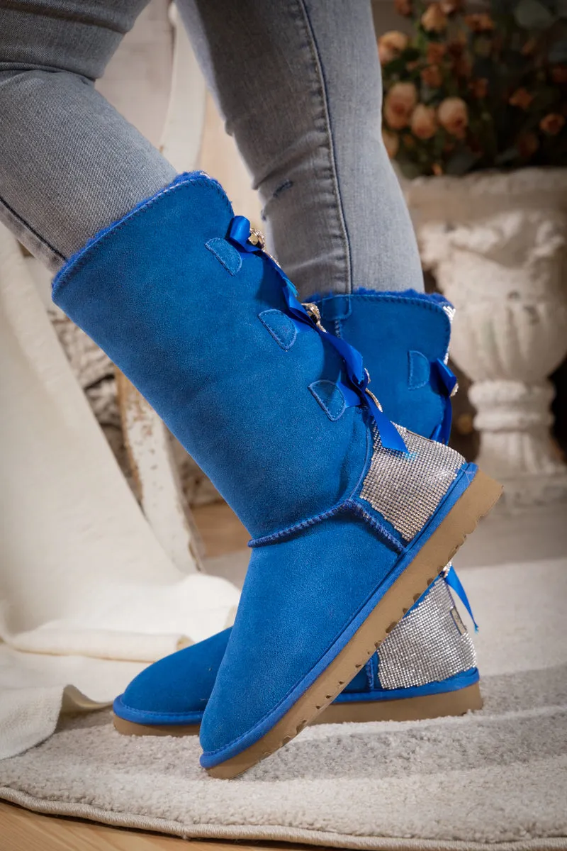 Rhinestone Ribbon Tri-Tie Bow Suede Boots - Blue