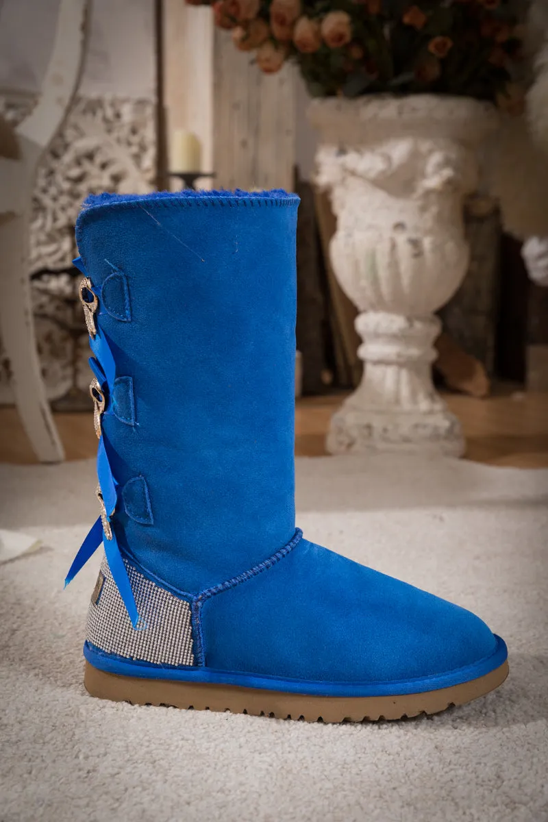 Rhinestone Ribbon Tri-Tie Bow Suede Boots - Blue