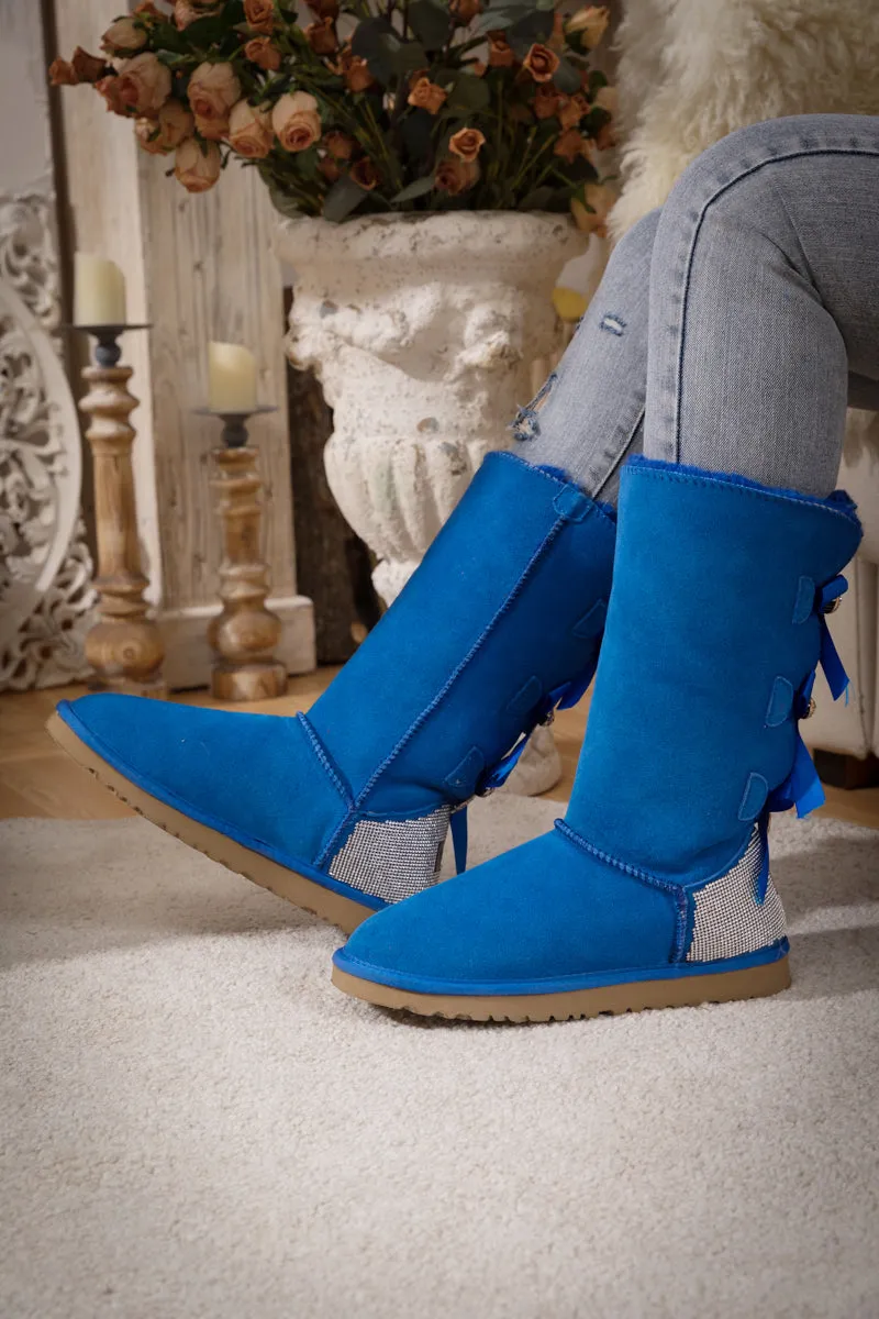 Rhinestone Ribbon Tri-Tie Bow Suede Boots - Blue