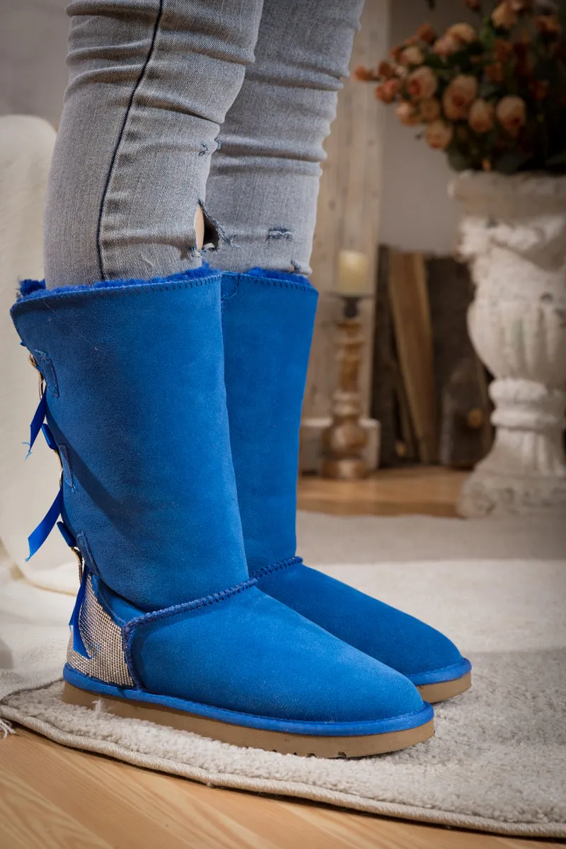 Rhinestone Ribbon Tri-Tie Bow Suede Boots - Blue