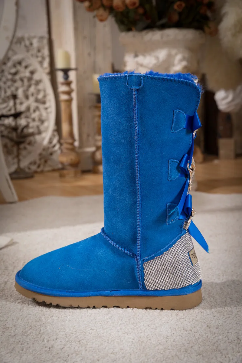 Rhinestone Ribbon Tri-Tie Bow Suede Boots - Blue