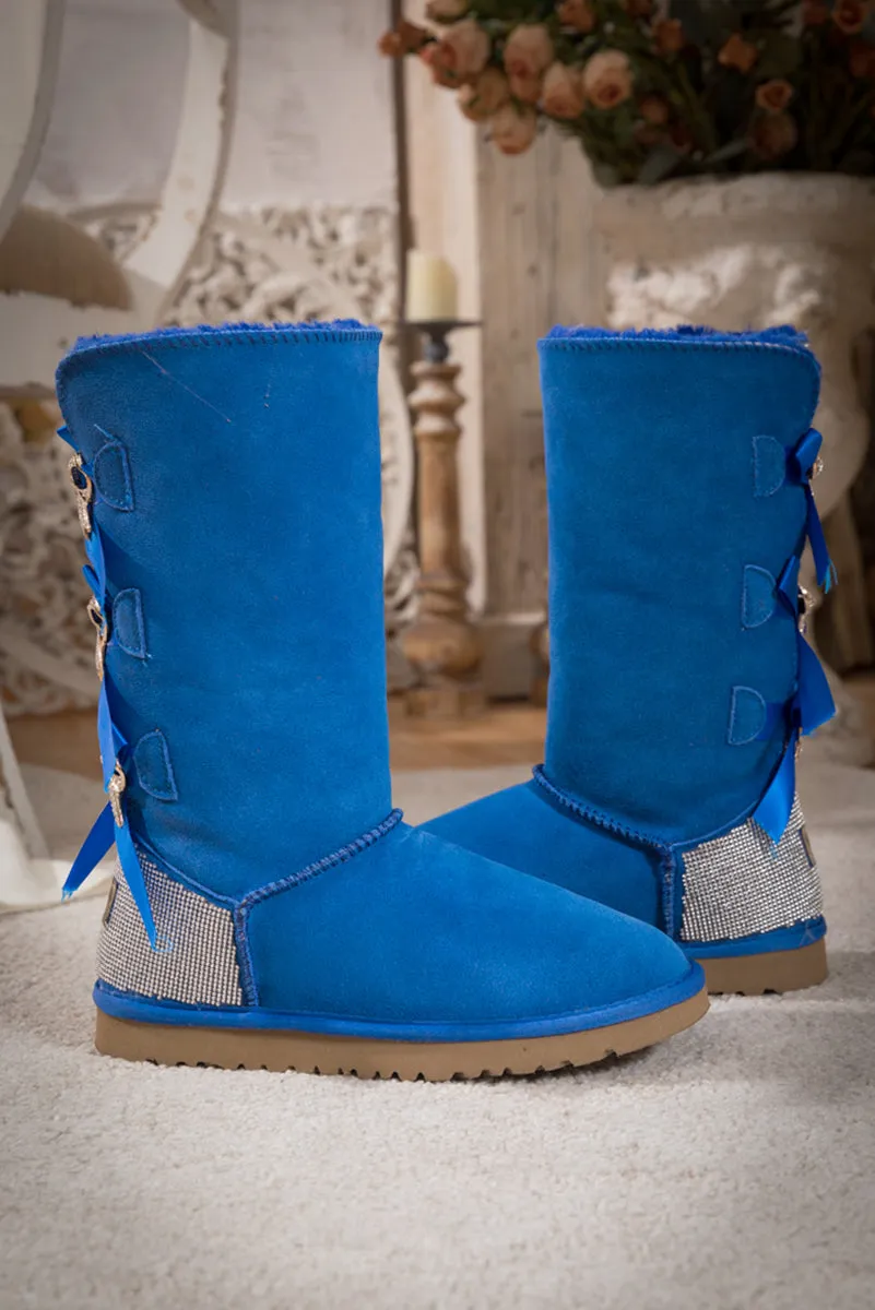 Rhinestone Ribbon Tri-Tie Bow Suede Boots - Blue