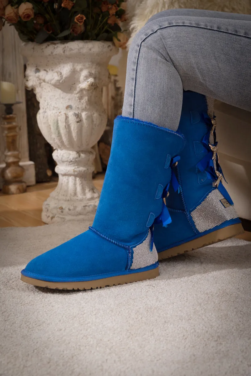Rhinestone Ribbon Tri-Tie Bow Suede Boots - Blue