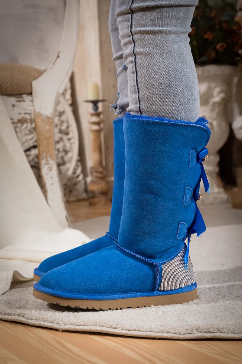 Rhinestone Ribbon Tri-Tie Bow Suede Boots - Blue