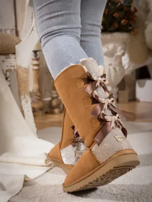 Rhinestone Ribbon Tri-Tie Bow Suede Boots - Chestnut