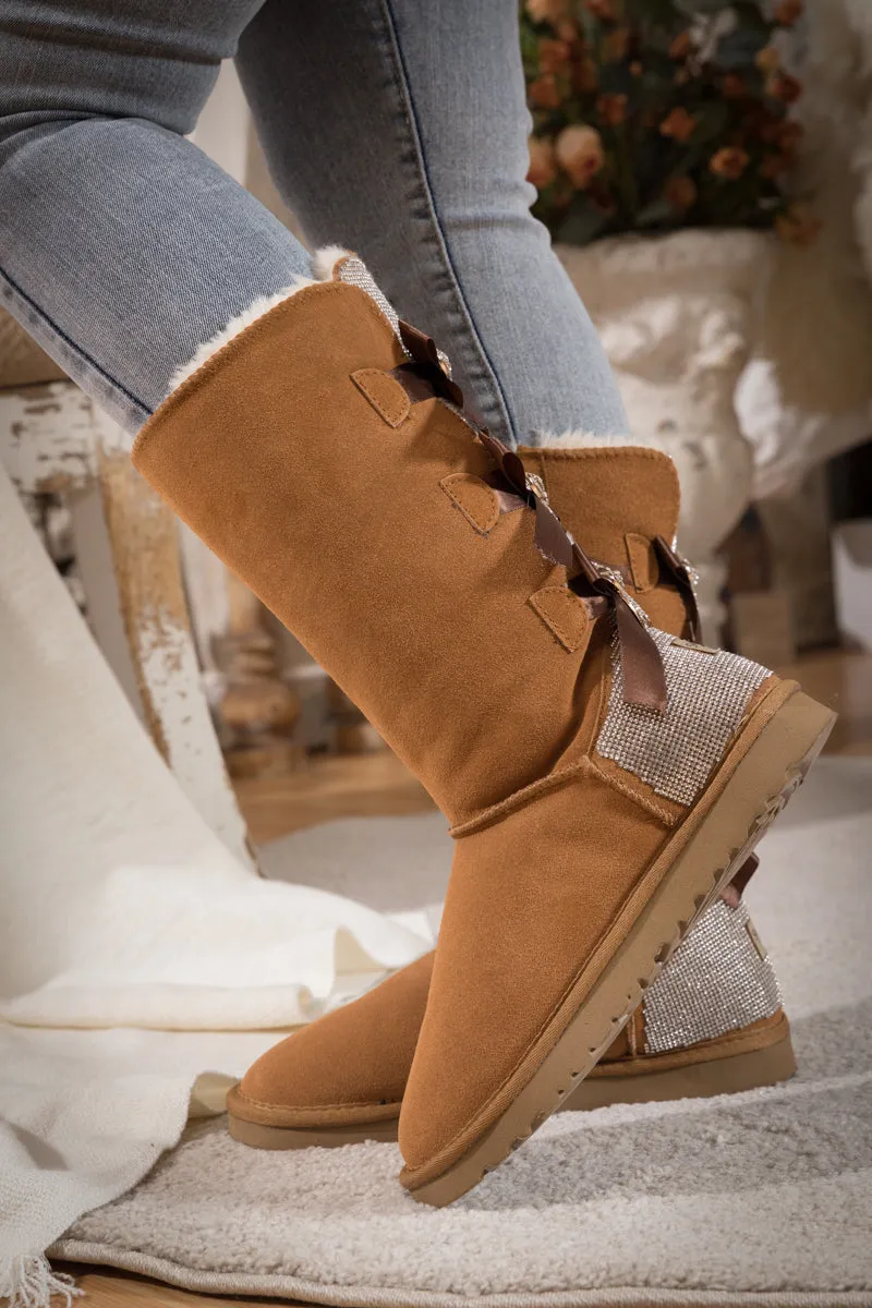 Rhinestone Ribbon Tri-Tie Bow Suede Boots - Chestnut