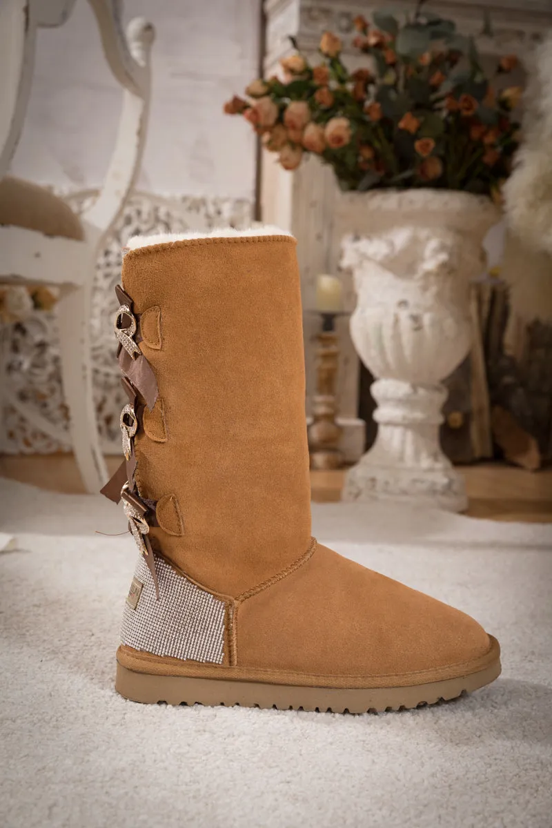 Rhinestone Ribbon Tri-Tie Bow Suede Boots - Chestnut