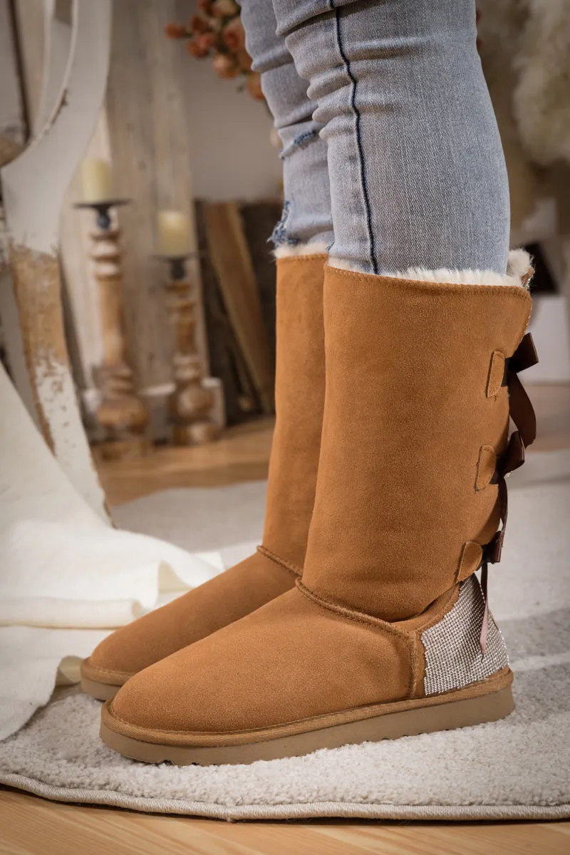 Rhinestone Ribbon Tri-Tie Bow Suede Boots - Chestnut