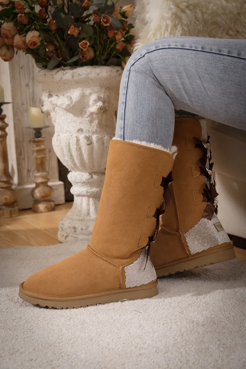 Rhinestone Ribbon Tri-Tie Bow Suede Boots - Chestnut