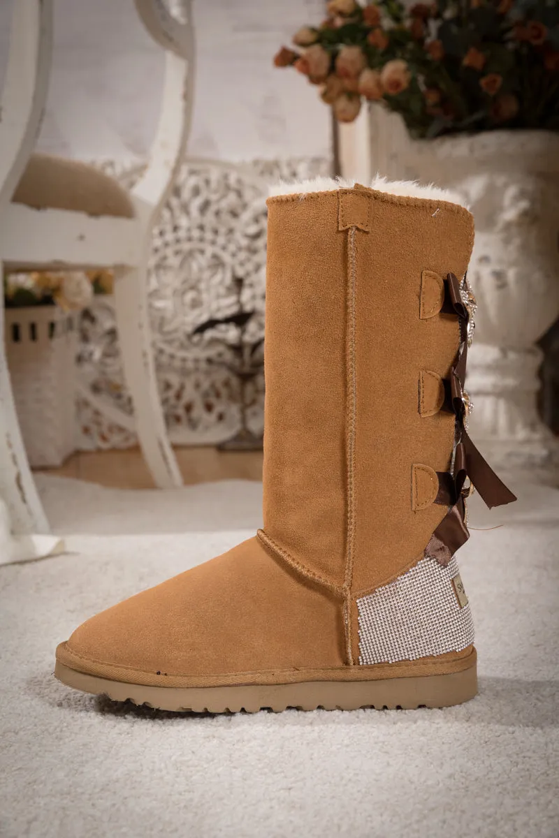 Rhinestone Ribbon Tri-Tie Bow Suede Boots - Chestnut