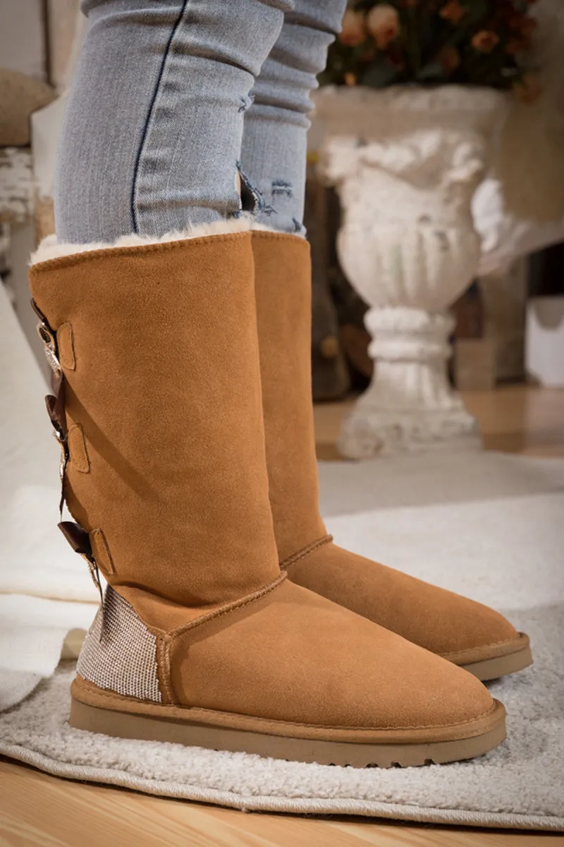 Rhinestone Ribbon Tri-Tie Bow Suede Boots - Chestnut