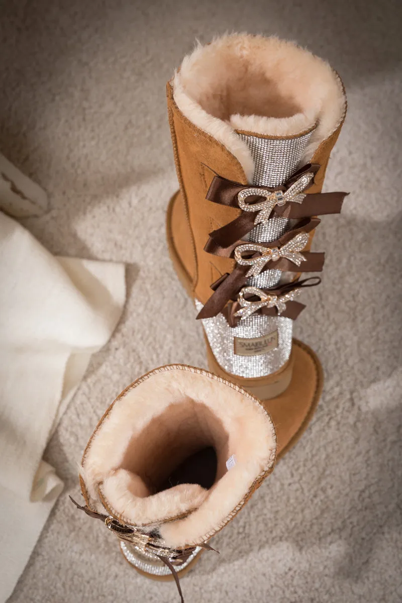 Rhinestone Ribbon Tri-Tie Bow Suede Boots - Chestnut